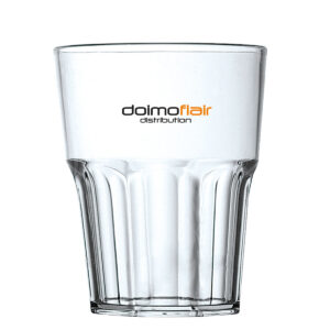 Customizable cocktail glass with texts and Rox SAN 290cc logo. – Transparent unbreakable plastic